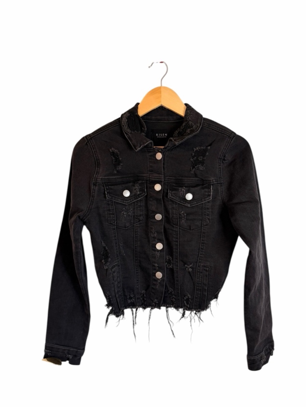Risen Black Shirring Sleeve Crop Jacket Distressed Denim Women’s Sz Small - Picture 2 of 11